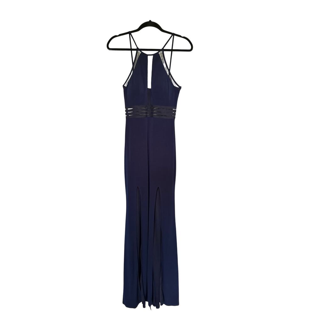 City Studio Navy Blue Plunge Illusion Double Slit Prom Formal Gown Dress 3
